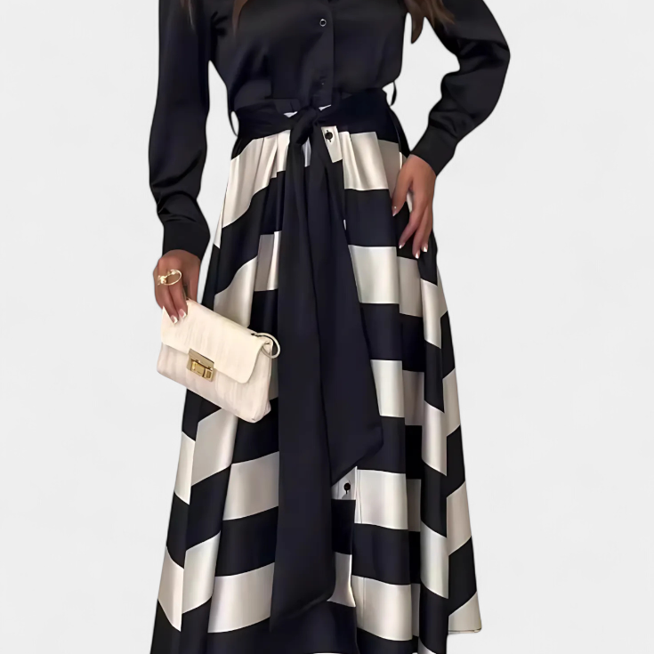 Długa Sukienka Koszulowa z Paskiem w Printy