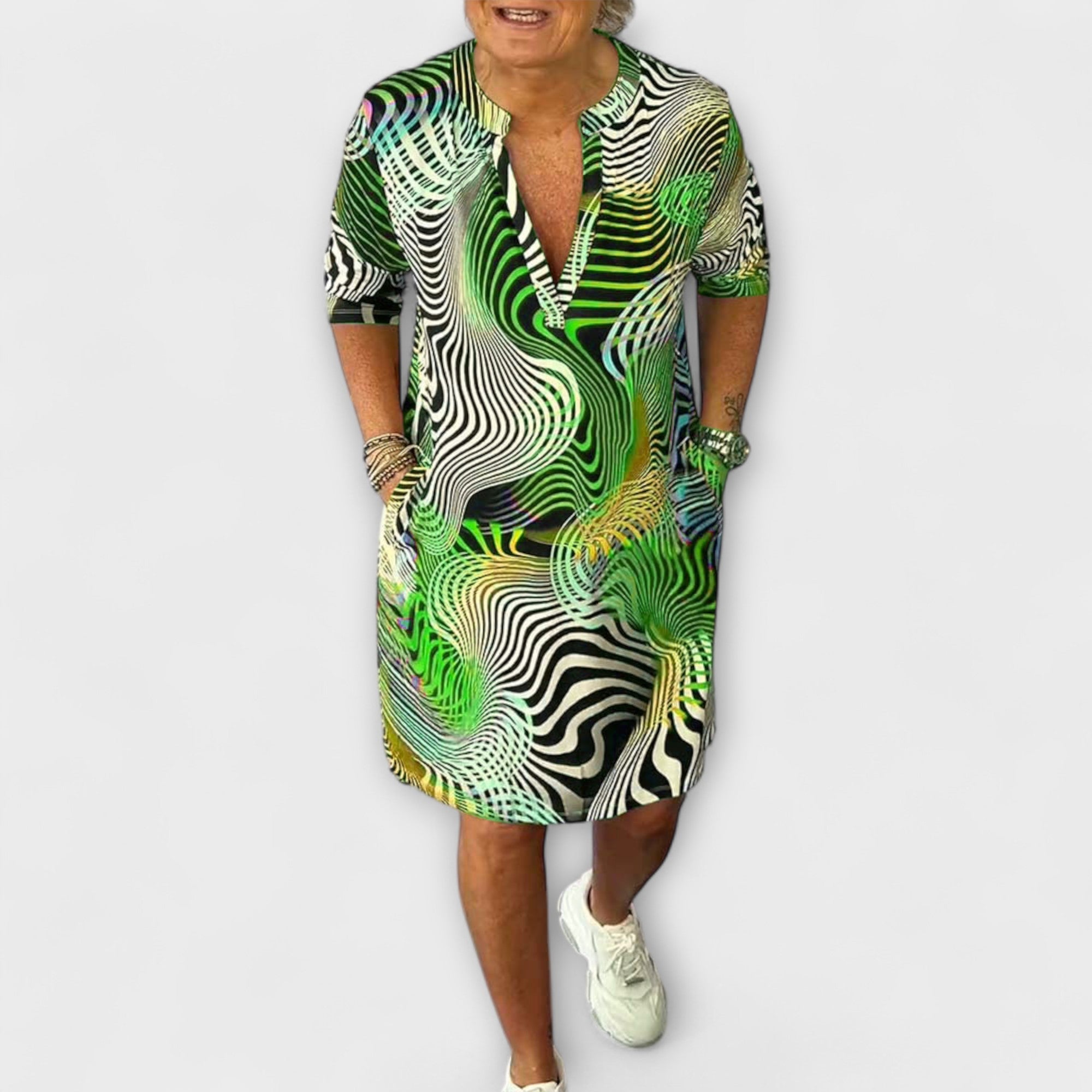 Aurora - Kolorowa sukienka z dekoltem w kształcie V