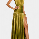 Metaliczna sukienka z odkrytym plecami i wysokim rozcięciem Boyana Halter