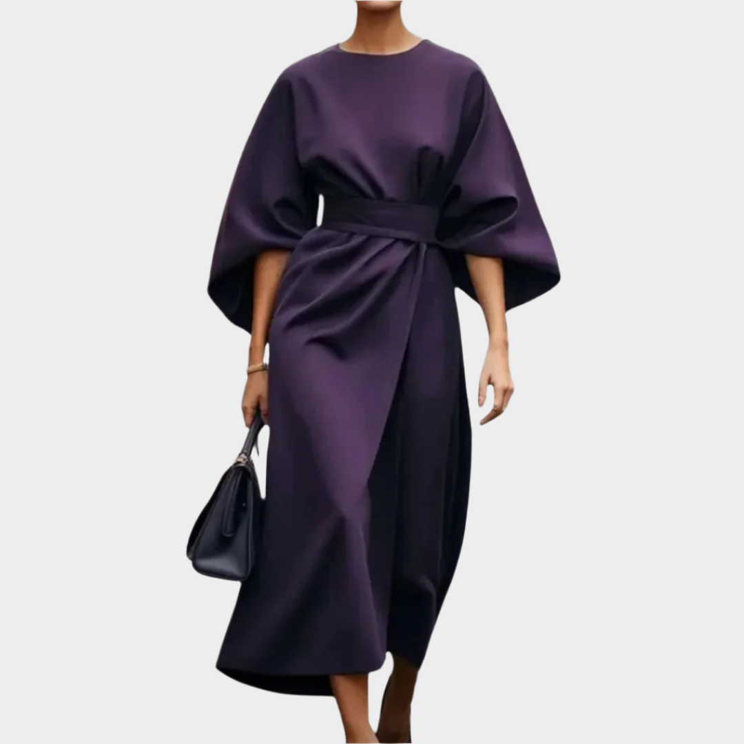 Sikato Minimalistyczna Sukienka z Paskiem i Szerokimi Rękawami