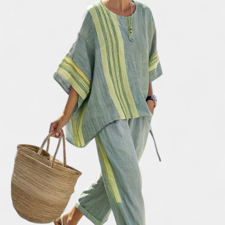 Komplet z lnianego bambusa z urokliwą lawendą i detalami w żółte paski