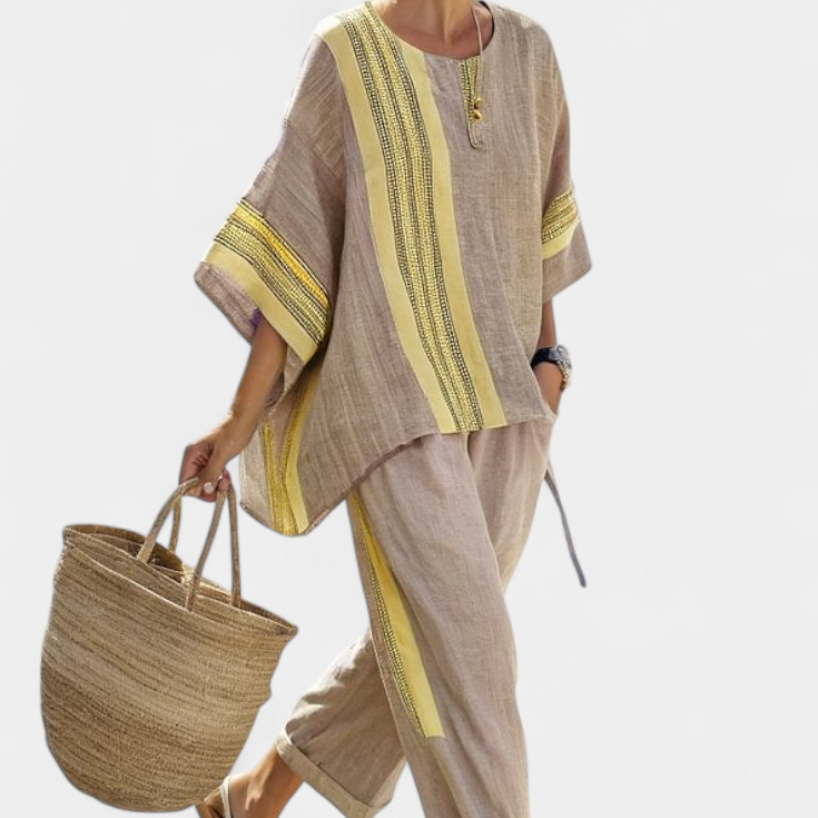 Komplet z lnianego bambusa z urokliwą lawendą i detalami w żółte paski