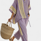 Komplet z lnianego bambusa z urokliwą lawendą i detalami w żółte paski