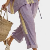 Komplet z lnianego bambusa z urokliwą lawendą i detalami w żółte paski