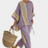 Komplet z lnianego bambusa z urokliwą lawendą i detalami w żółte paski