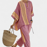 Komplet z lnianego bambusa z urokliwą lawendą i detalami w żółte paski