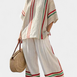 Komplet Daisy z bambusowego lnu w stylu śródziemnomorskim z eleganckimi czerwonymi i zielonymi paskami