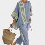 Komplet z lnianego bambusa z urokliwą lawendą i detalami w żółte paski