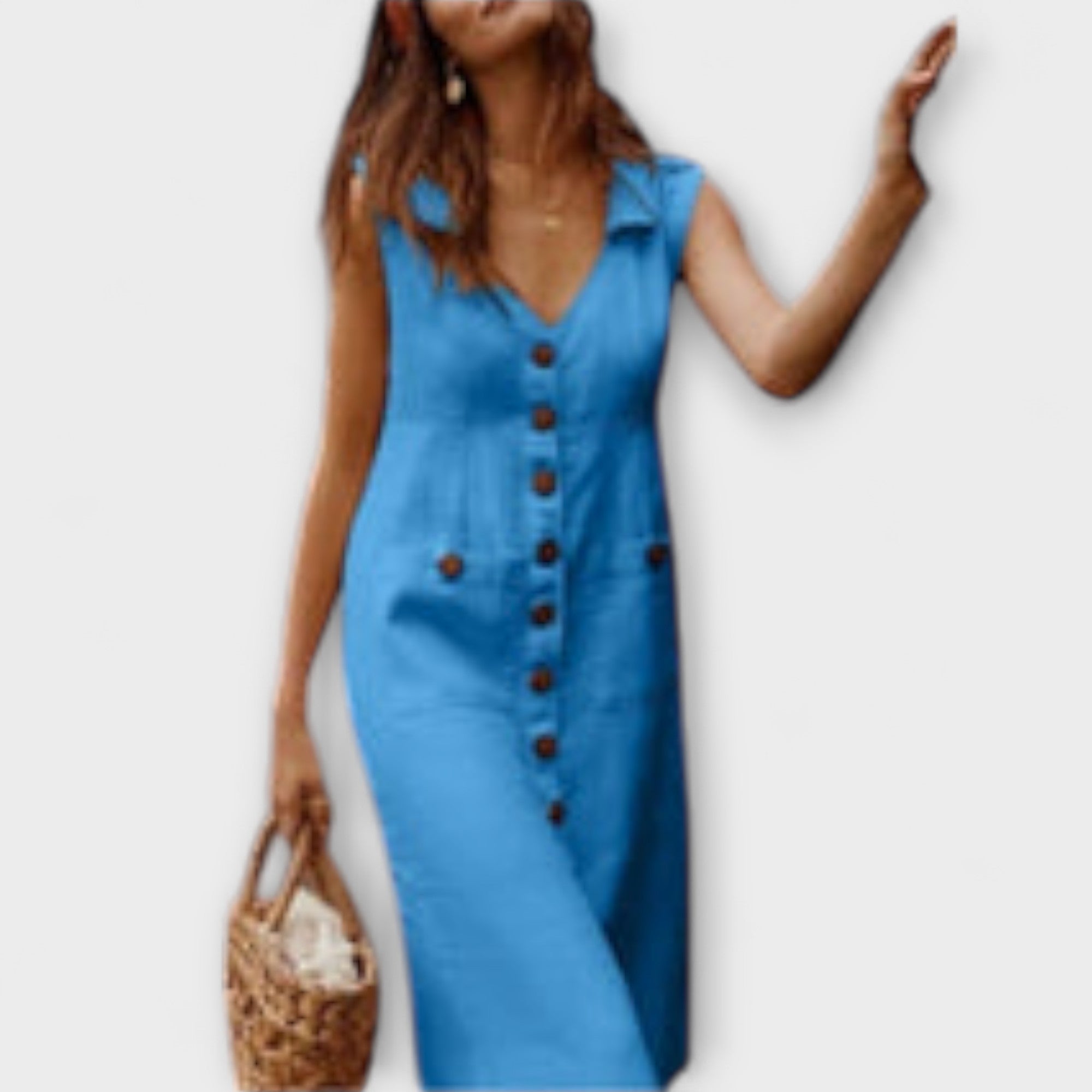 Aurora – Gęsta sukienka w kształcie litery A z bawełny i lnu z wyciętym kołnierzykiem