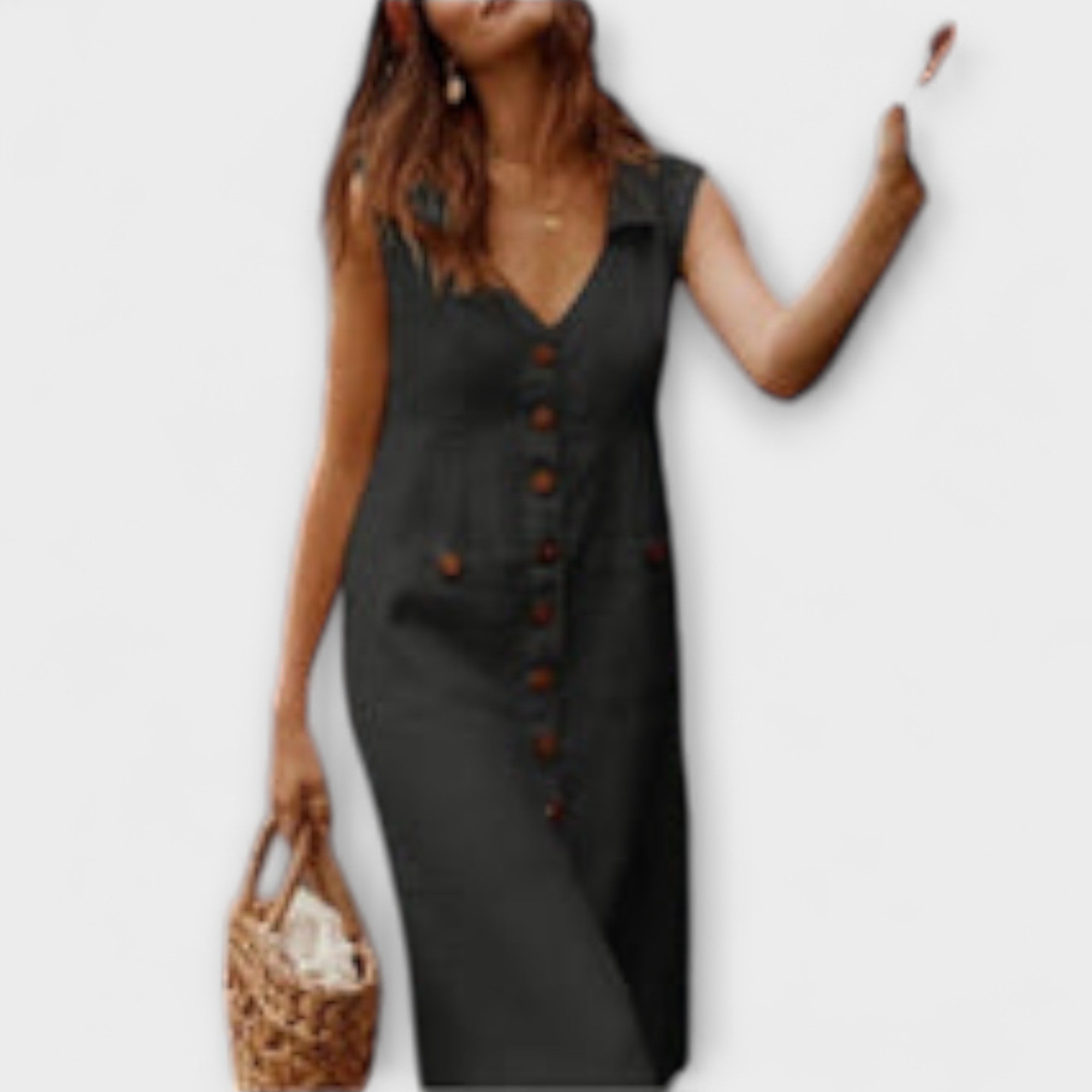 Aurora – Gęsta sukienka w kształcie litery A z bawełny i lnu z wyciętym kołnierzykiem