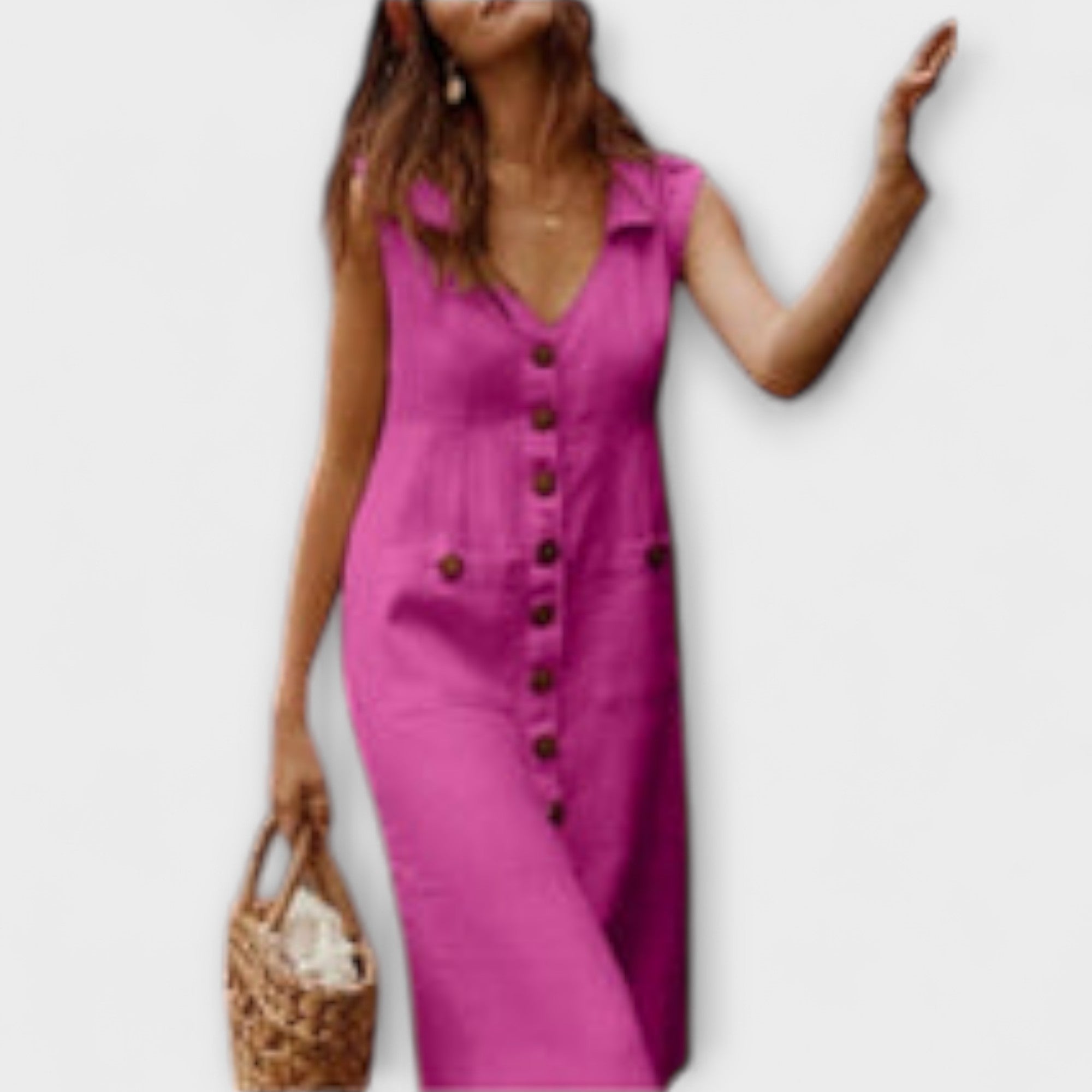 Aurora – Gęsta sukienka w kształcie litery A z bawełny i lnu z wyciętym kołnierzykiem