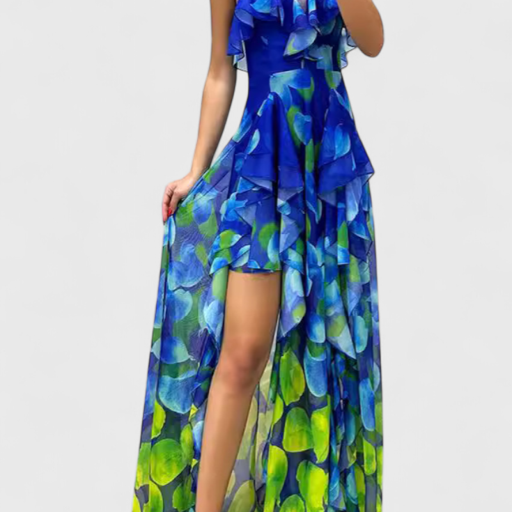 Sukienka Maxi Zrynka bez Rękawów z Falbanami i Gradientowym Rozcięciem