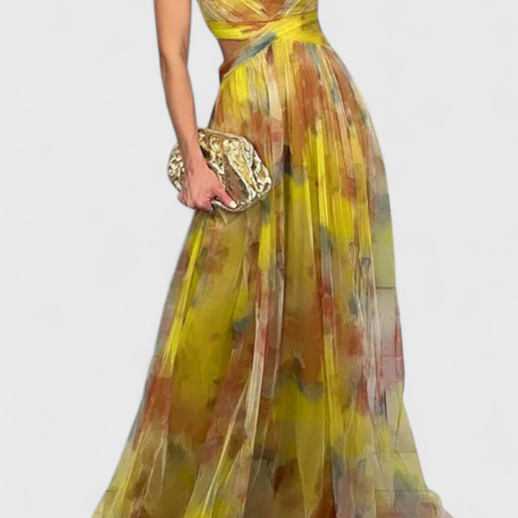 Maxi sukienka Magdalena w kolorowy wzór i dekolt w kształcie V