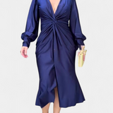 Lena Długa Sukienka z Długimi Rękawami i Dekoltem w Kształcie V