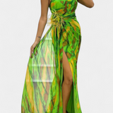 Sukienka Blanka Maxi Asymetryczna z Wyrazistym Wzorem