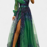 Natalia Maxi Sukienka z Szyfonu z Odkrytym Ramieniem i Objętościowym Kwiatem