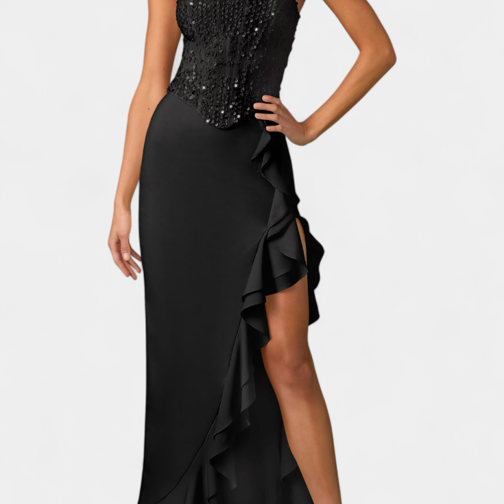 Sukienka Midi Filipa z Gorsetem i Asymetrycznymi Falbanami