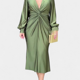 Lena Długa Sukienka z Długimi Rękawami i Dekoltem w Kształcie V