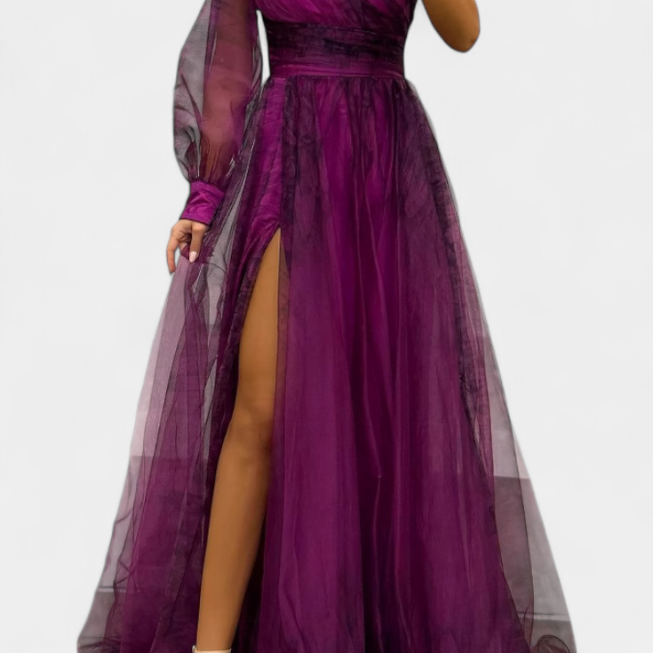 Natalia Maxi Sukienka z Szyfonu z Odkrytym Ramieniem i Objętościowym Kwiatem